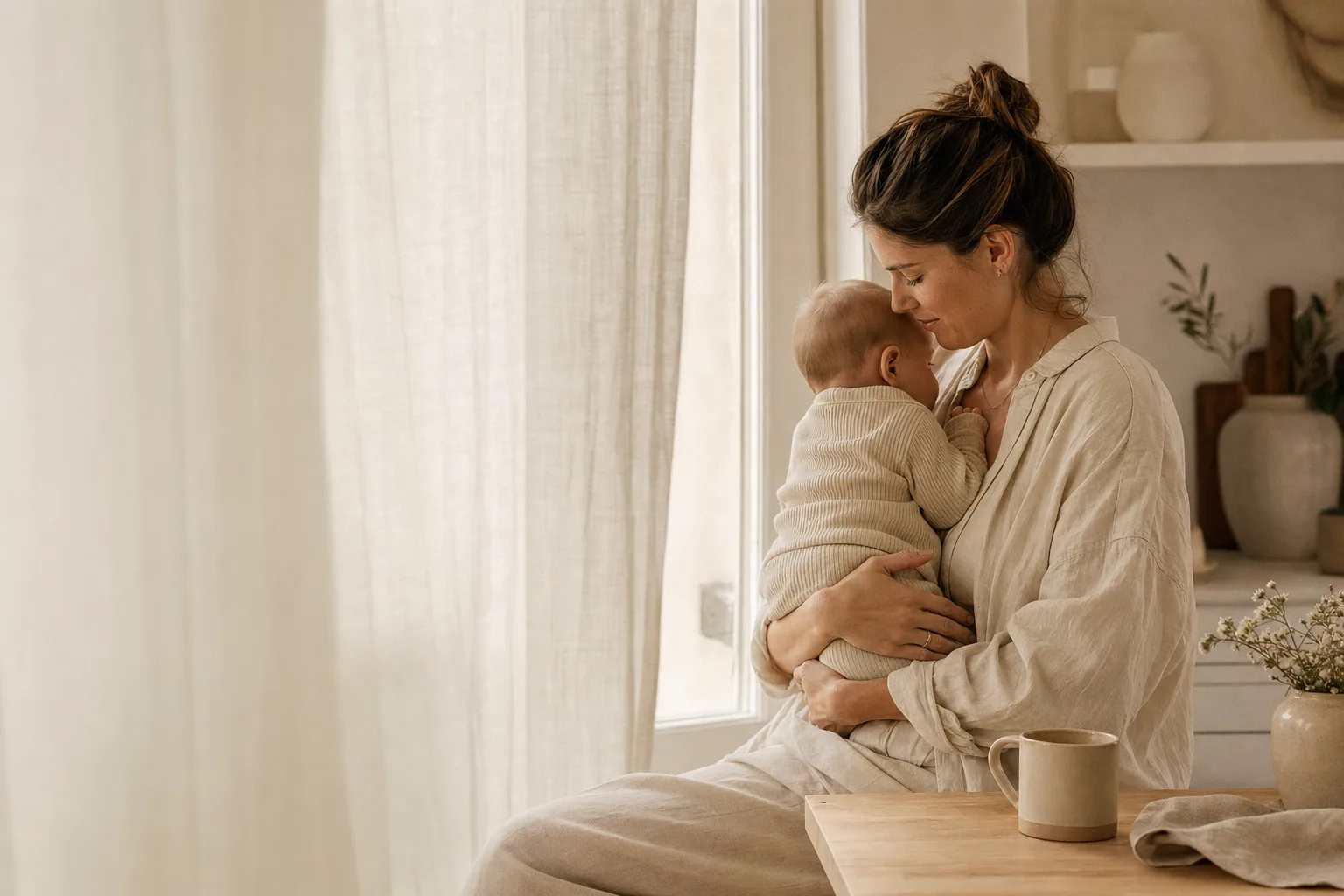 Ruhiger Mama-Moment am Fenster mit Baby in warmem Tageslicht